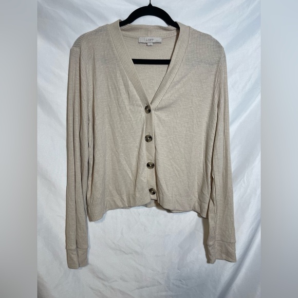 LOFT Beige Ribbed Cardigan - Picture 1 of 8